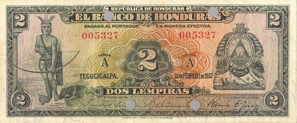 Front of Honduras p35: 2 Lempiras from 1932