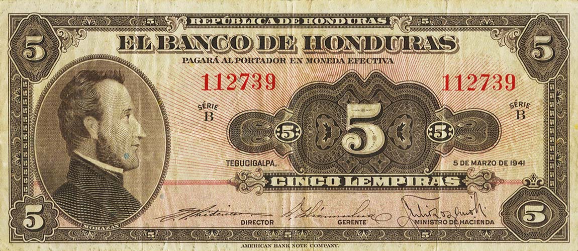 Front of Honduras p42a: 5 Lempiras from 1941