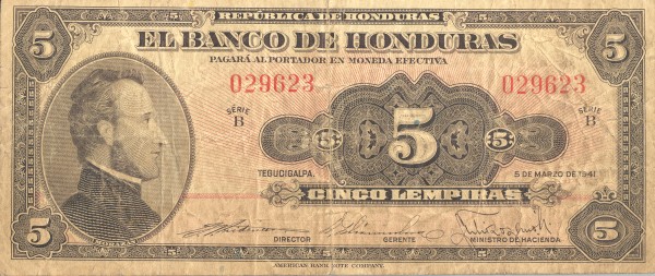 Front of Honduras p42b: 5 Lempiras from 1948