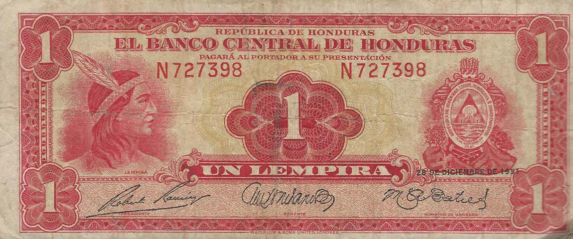 Front of Honduras p45b: 1 Lempira from 1951