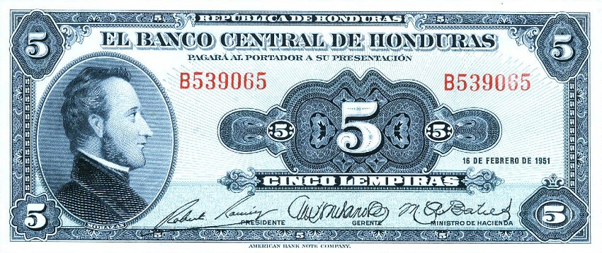 Front of Honduras p46b: 5 Lempiras from 1951