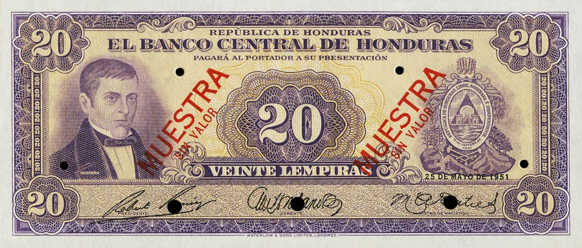 Front of Honduras p48s: 20 Lempiras from 1951