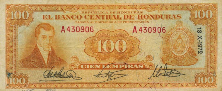 Front of Honduras p49d: 100 Lempiras from 1972