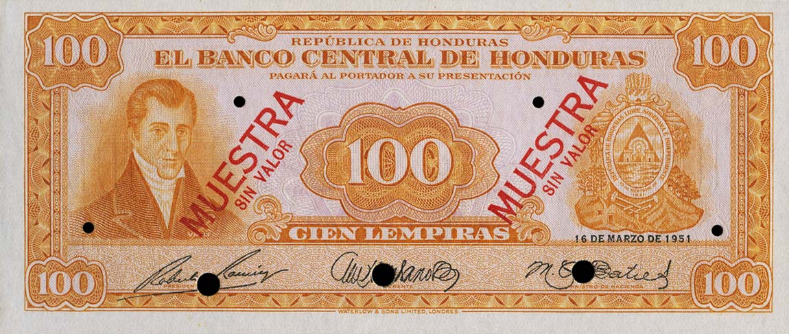 Front of Honduras p49s: 100 Lempiras from 1951