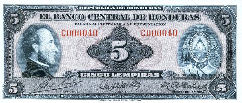 Front of Honduras p51a: 5 Lempiras from 1953