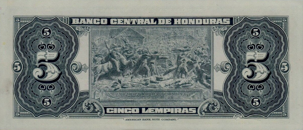 Back of Honduras p51b: 5 Lempiras from 1957