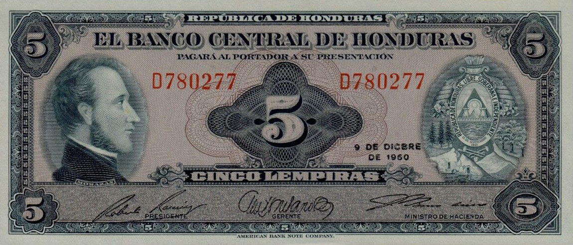 Front of Honduras p51b: 5 Lempiras from 1957