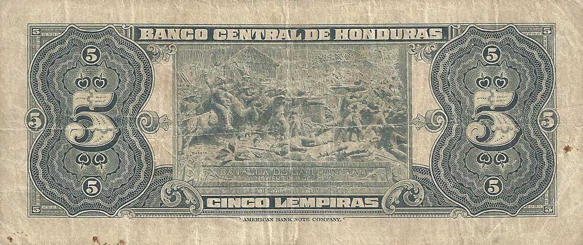 Back of Honduras p51c: 5 Lempiras from 1966