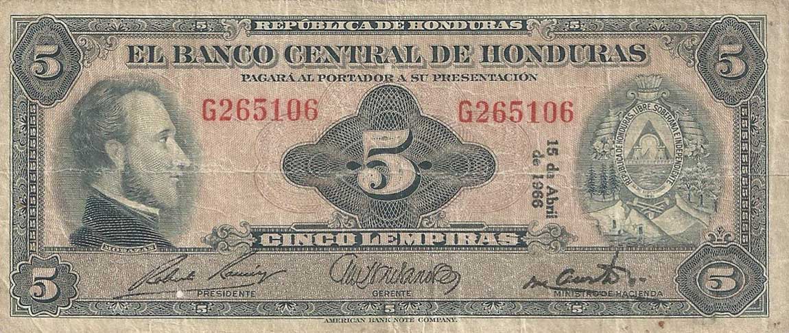 Front of Honduras p51c: 5 Lempiras from 1966