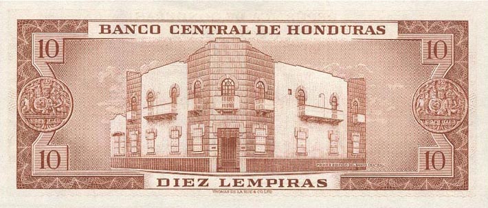 Back of Honduras p52b: 10 Lempiras from 1960