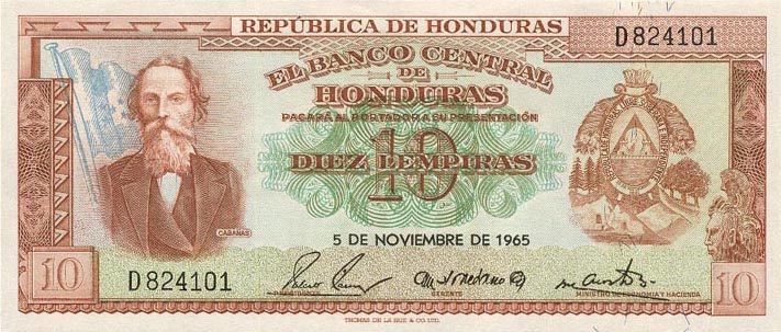 Front of Honduras p52b: 10 Lempiras from 1960