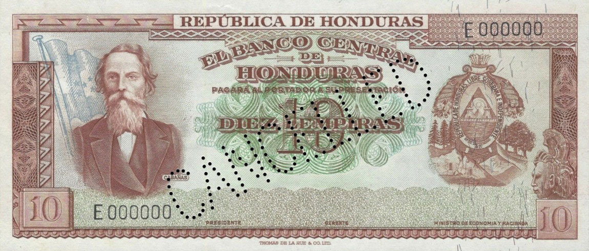 Front of Honduras p52s: 10 Lempiras from 1954