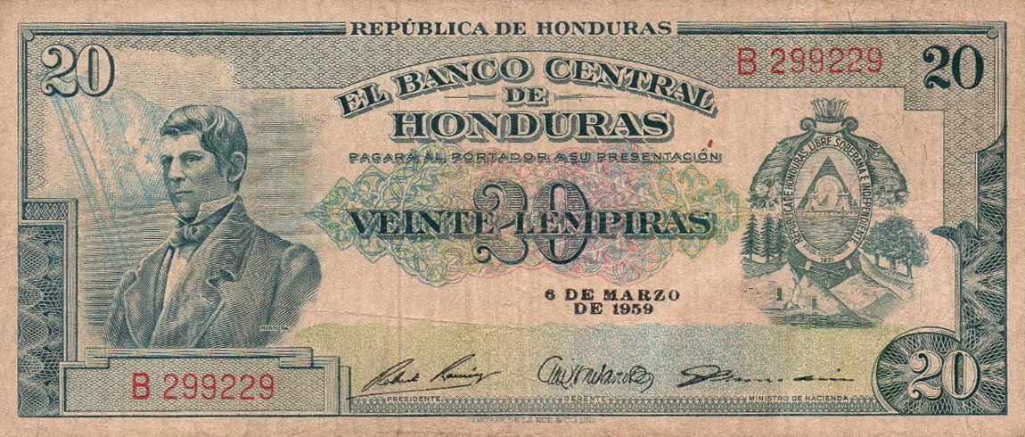 Front of Honduras p53a: 20 Lempiras from 1954