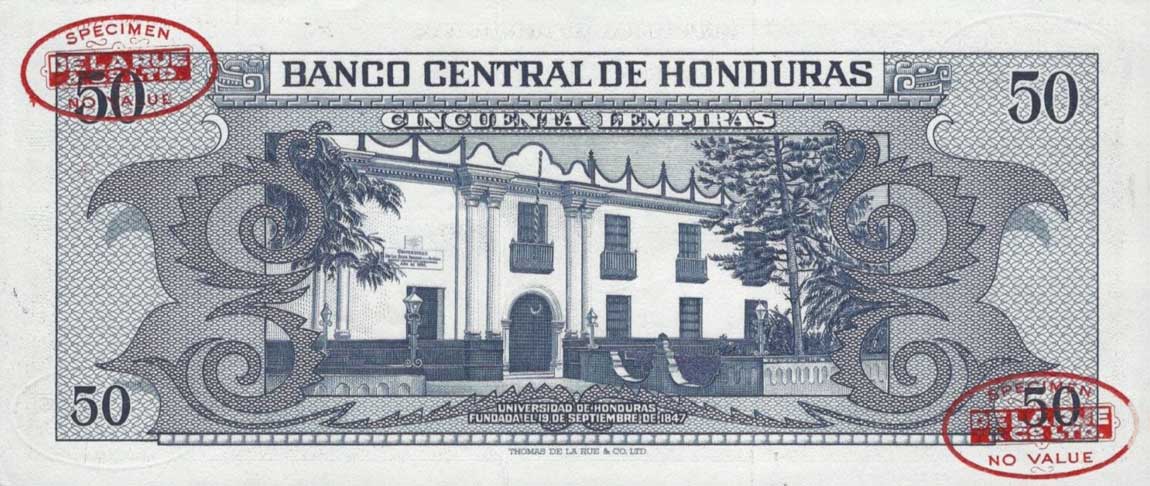 Back of Honduras p54s: 50 Lempiras from 1956