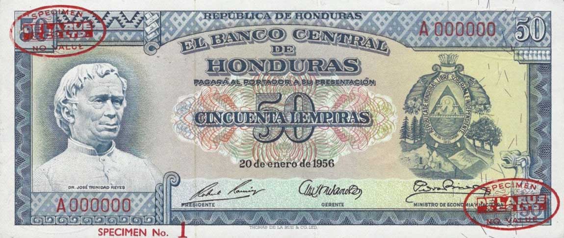 Front of Honduras p54s: 50 Lempiras from 1956