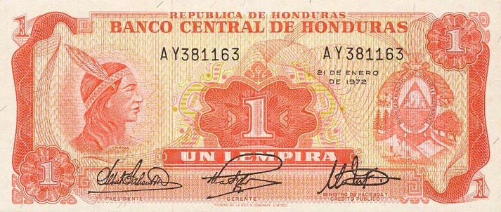 Front of Honduras p55b: 1 Lempira from 1972