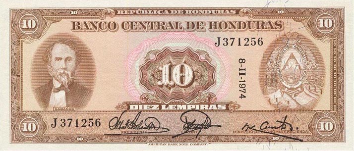Front of Honduras p57a: 10 Lempiras from 1970