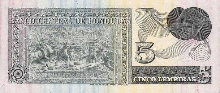 Back of Honduras p59b: 5 Lempiras from 1975