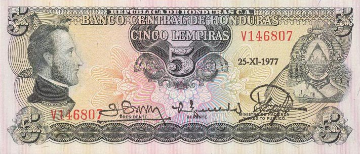 Front of Honduras p59b: 5 Lempiras from 1975