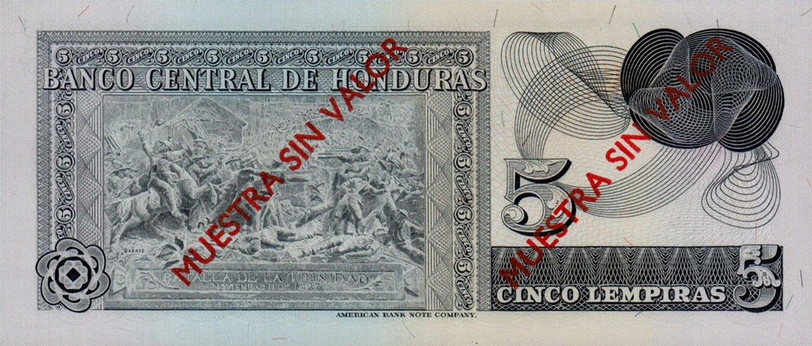 Back of Honduras p59s: 5 Lempiras from 1975