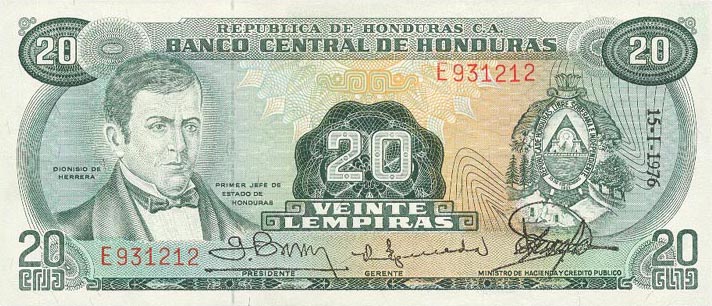 Front of Honduras p60a: 20 Lempiras from 1973