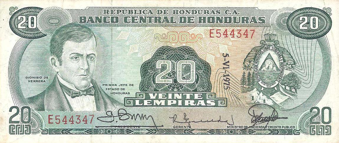 Front of Honduras p60f: 20 Lempiras from 1975