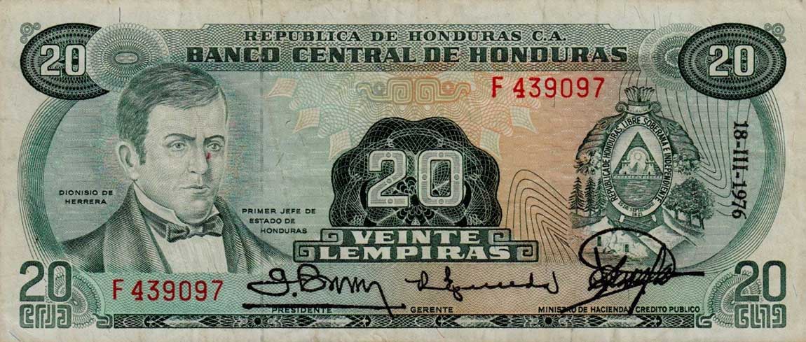 Front of Honduras p60h: 20 Lempiras from 1976