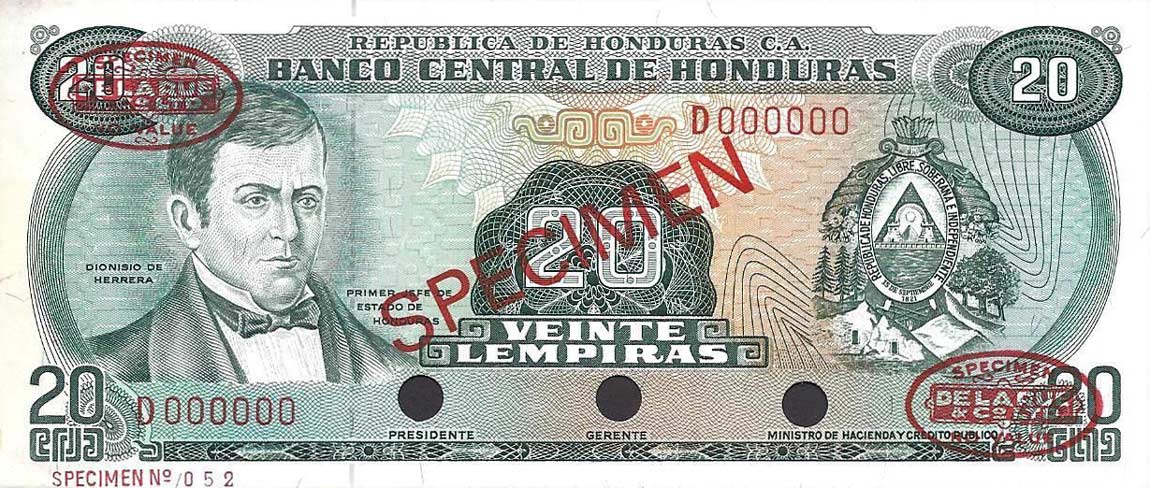 Front of Honduras p60s: 20 Lempiras from 1973