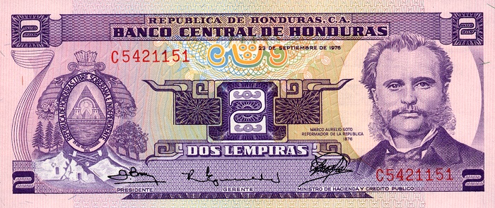 Front of Honduras p61: 2 Lempiras from 1976