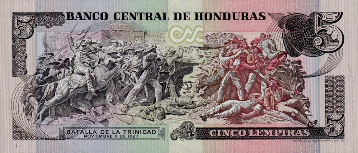 Back of Honduras p63b: 5 Lempiras from 1985