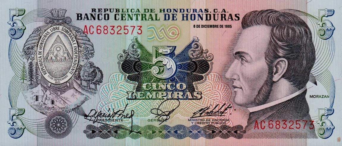 Front of Honduras p63b: 5 Lempiras from 1985