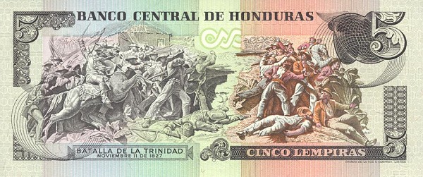 Back of Honduras p63c: 5 Lempiras from 1993