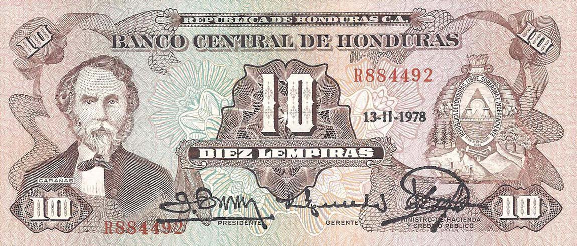 Front of Honduras p64a: 10 Lempiras from 1976