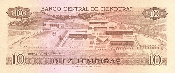 Back of Honduras p64b: 10 Lempiras from 1982