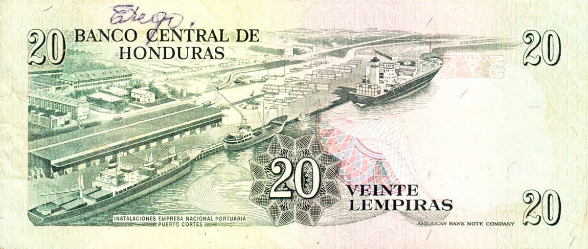 Back of Honduras p65b: 20 Lempiras from 1981