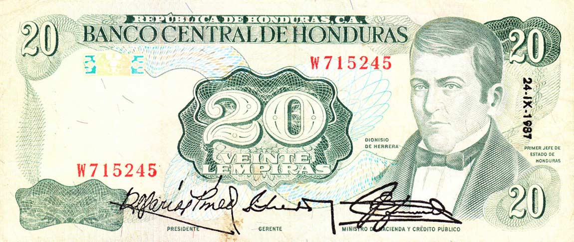 Front of Honduras p65b: 20 Lempiras from 1981