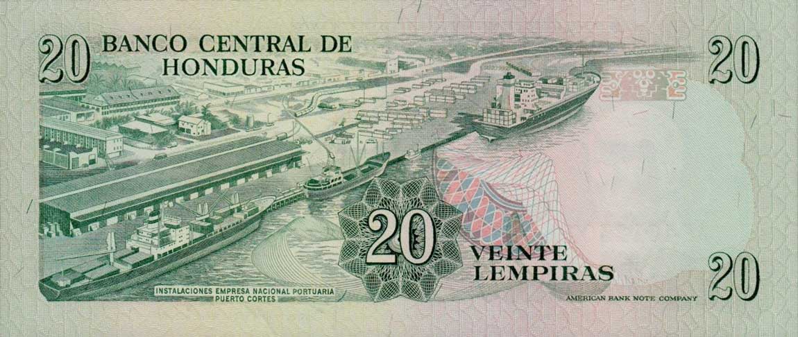 Back of Honduras p65c: 20 Lempiras from 1989