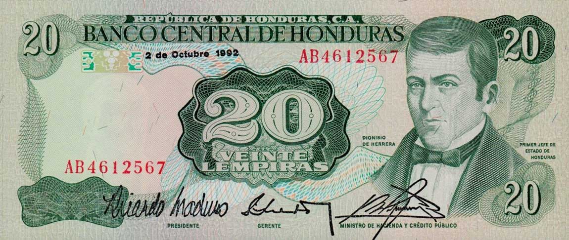 Front of Honduras p65c: 20 Lempiras from 1989