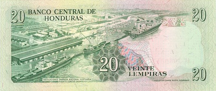 Back of Honduras p65d: 20 Lempiras from 1992