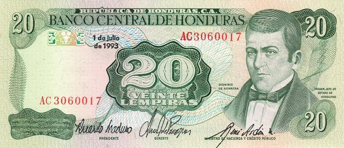 Front of Honduras p65d: 20 Lempiras from 1992