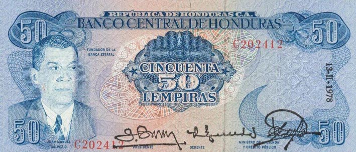 Front of Honduras p66a: 50 Lempiras from 1976