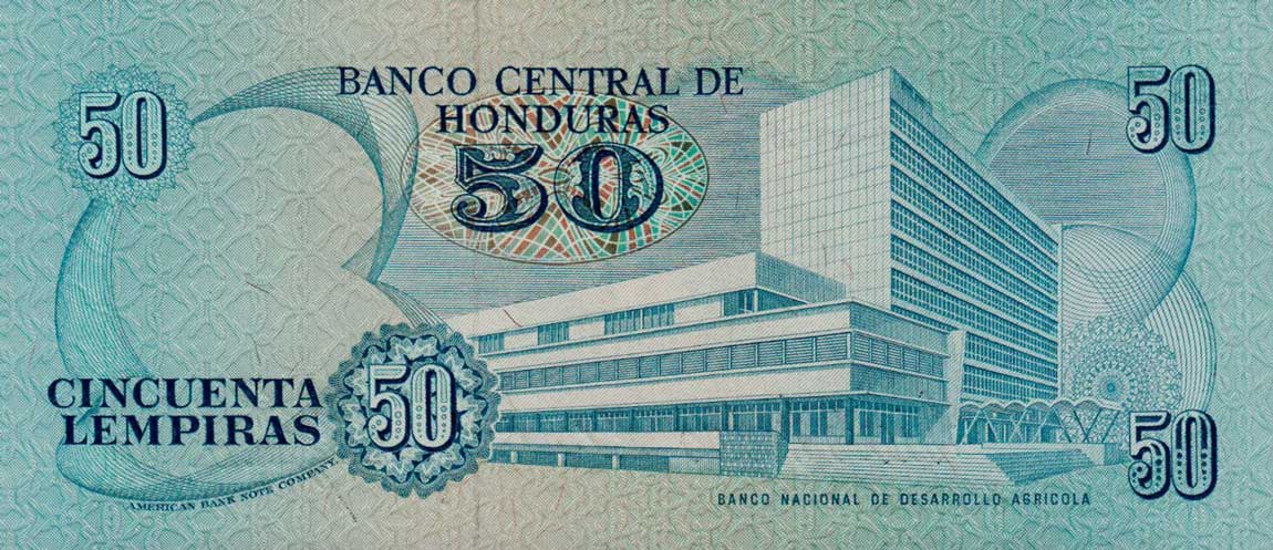 Back of Honduras p66c: 50 Lempiras from 1990