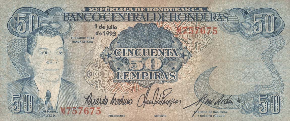 Front of Honduras p66d: 50 Lempiras from 1993