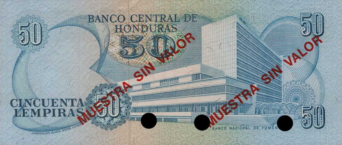 Back of Honduras p66s: 50 Lempiras from 1976