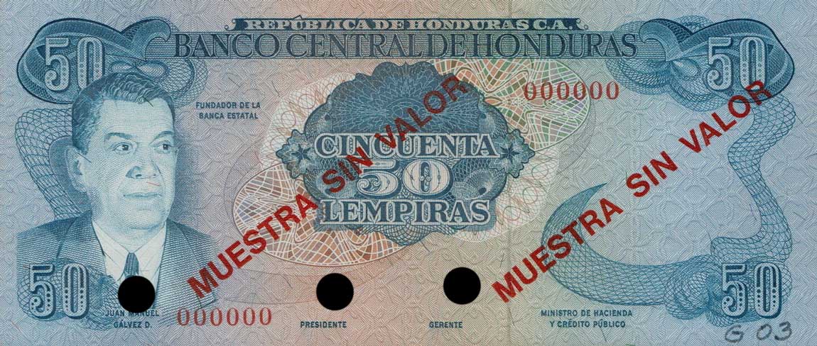 Front of Honduras p66s: 50 Lempiras from 1976