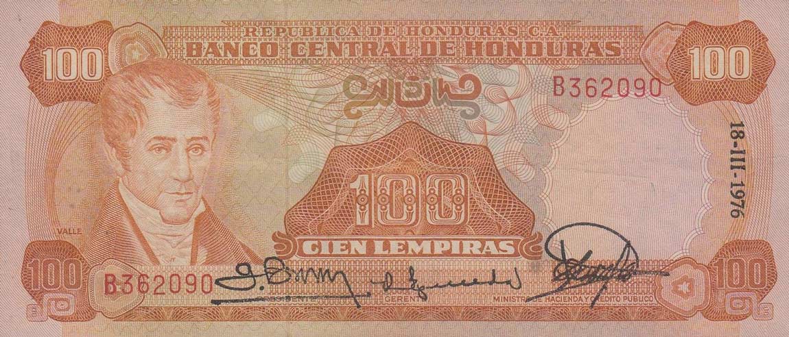 Front of Honduras p67c: 100 Lempiras from 1976