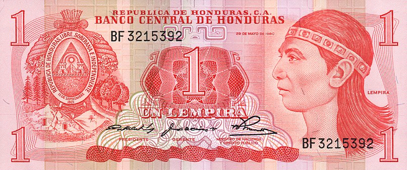 Front of Honduras p68a: 1 Lempira from 1980