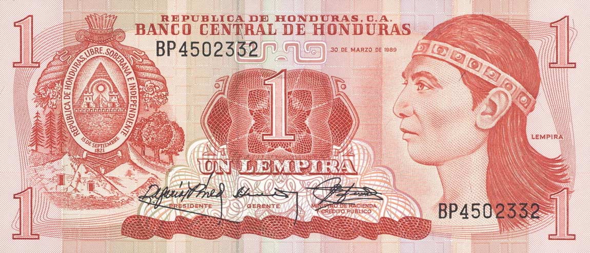 Front of Honduras p68c: 1 Lempira from 1989