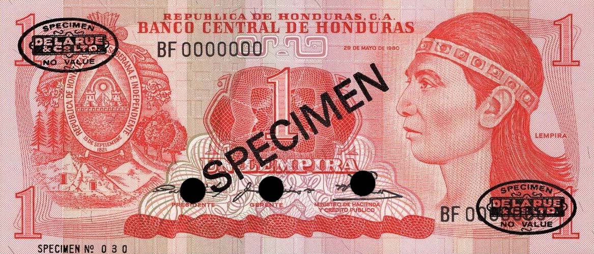 Front of Honduras p68s: 1 Lempira from 1980