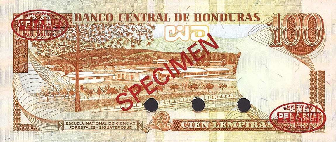 Back of Honduras p69s: 100 Lempiras from 1981